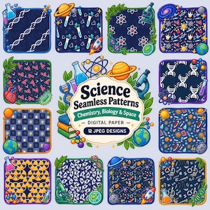 Könnte beinhalten: Eine Sammlung von 12 digitalen, nahtlosen Mustern zu den Themen Chemie, Biologie und Weltraum. Die Designs enthalten Illustrationen von DNA-Strängen, Planeten, Mikroskopen, Reagenzgläsern, Atomen und Herzen auf dunkelblauem Grund.