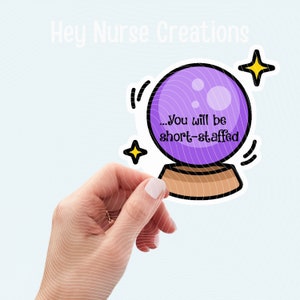 May include: A purple and white 8-bit style magic eight ball with the text "...You will be short-staffed" inside. The magic eight ball is surrounded by two yellow stars.