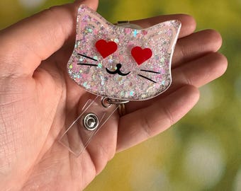 Valentine&#39;s Day Badge Reel. Cat Badge Reel. Cat Heart Badge Reel. Cute Cat Badge Reel. Heart Emoji Badge Reel. Valentine&#39;s Day Gift.