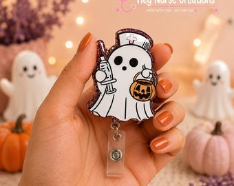Handmade Halloween Badge Reel: Spooky Ghost, Pumpkin, Nurse