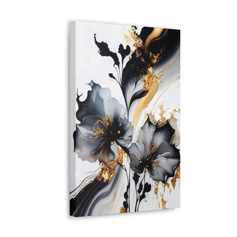 Black Gold Floral Wall Art, Luxury Abstract Canvas Print, Modern Flower ...