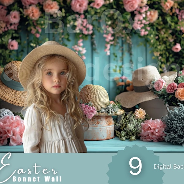 Easter Bonnet Wall Decor Digital Backdrop, Old Wall Decor Backdrop, Kid Easter Photography, Spring Flower Wall Template, Easter Couple Photo