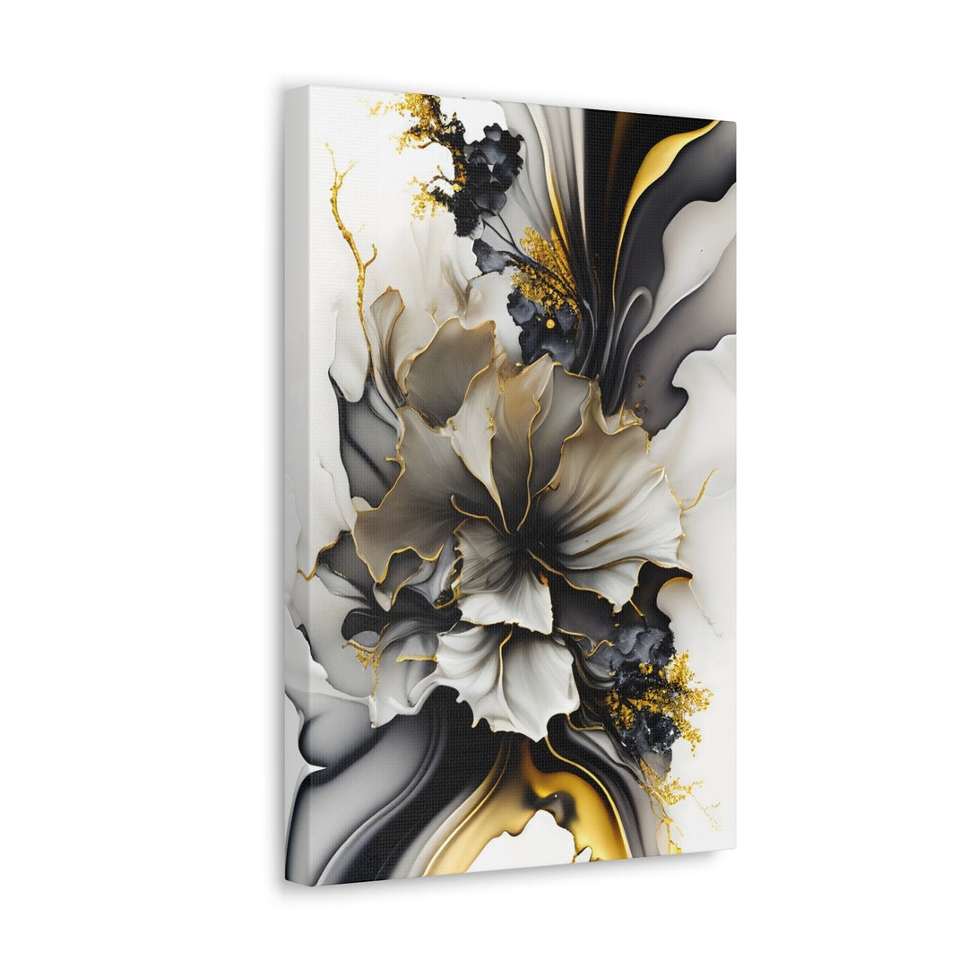 Black and Gold Floral Canvas Print: Luxury Abstract Fluid Art - Etsy