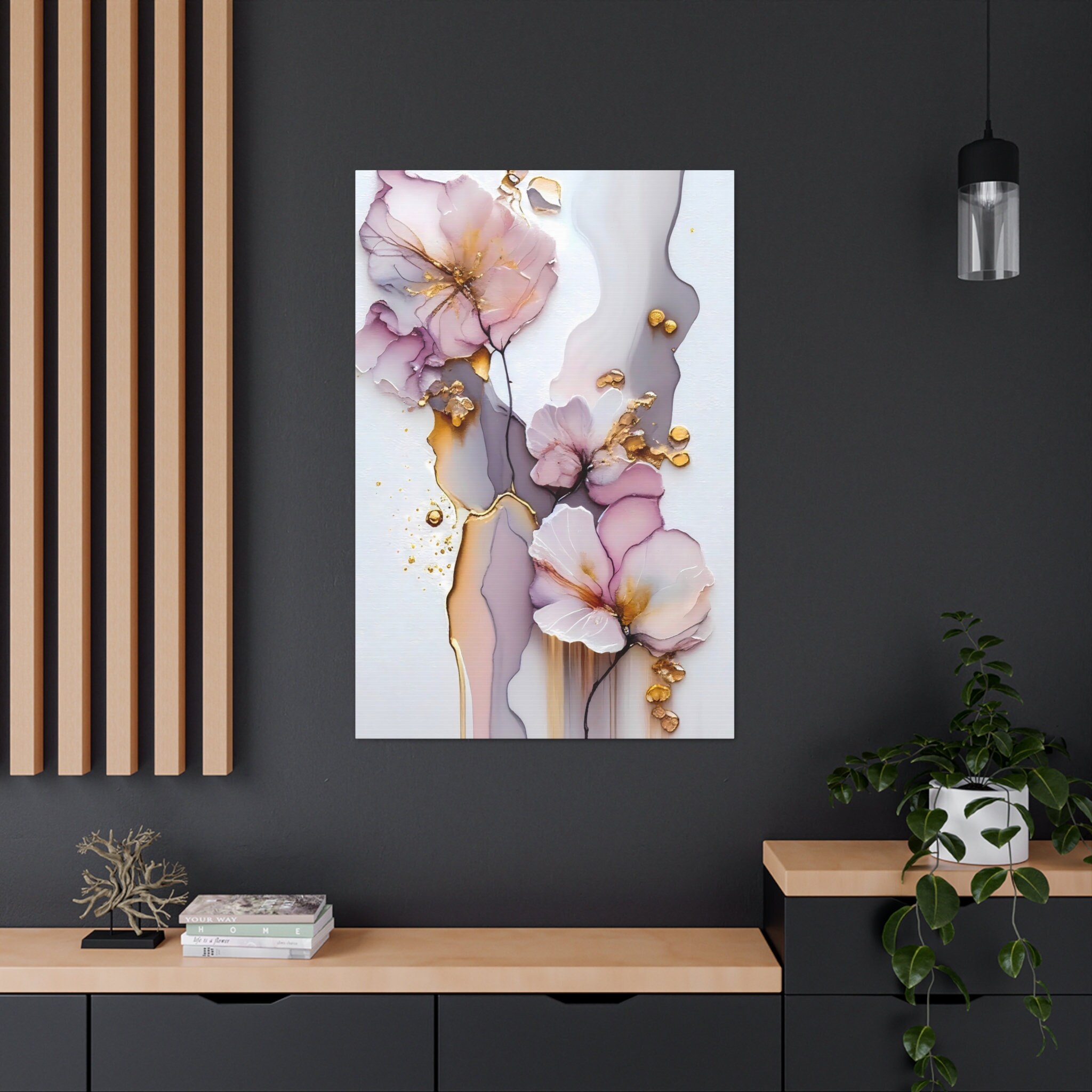 Purple Pink Gold Flowers Wall Art, Abstract Canvas Print, Modern Floral ...