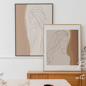 Woman Line Art Print Set, Two Piece Wall Art, Boho Female Drawing Poster, Body Single Line Art, Boho Line Art Decal, Modern Gallery Wall Set image 2