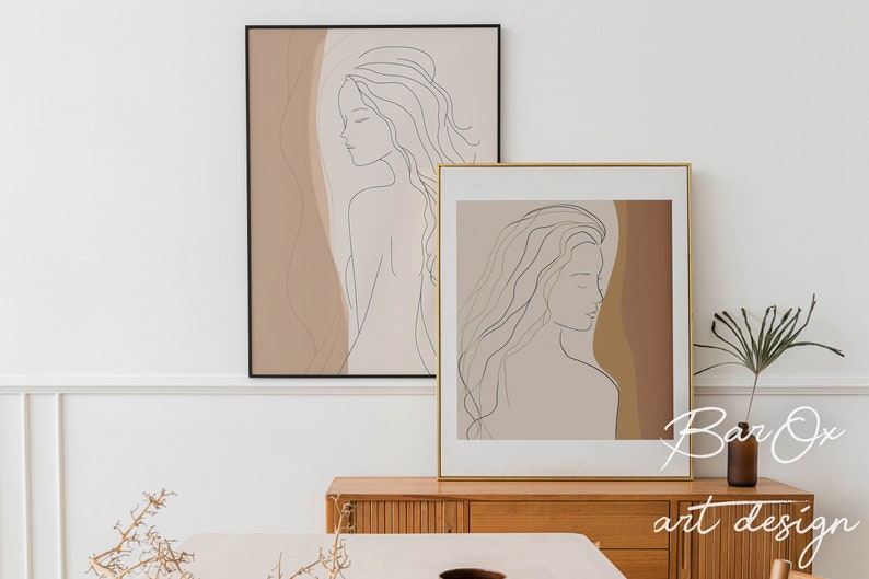 Woman Line Art Print Set, Two Piece Wall Art, Boho Female Drawing Poster, Body Single Line Art, Boho Line Art Decal, Modern Gallery Wall Set image 2