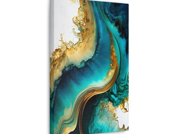 Impresión en lienzo fluido en verde azulado y dorado: decoración abstracta de pared de lujo