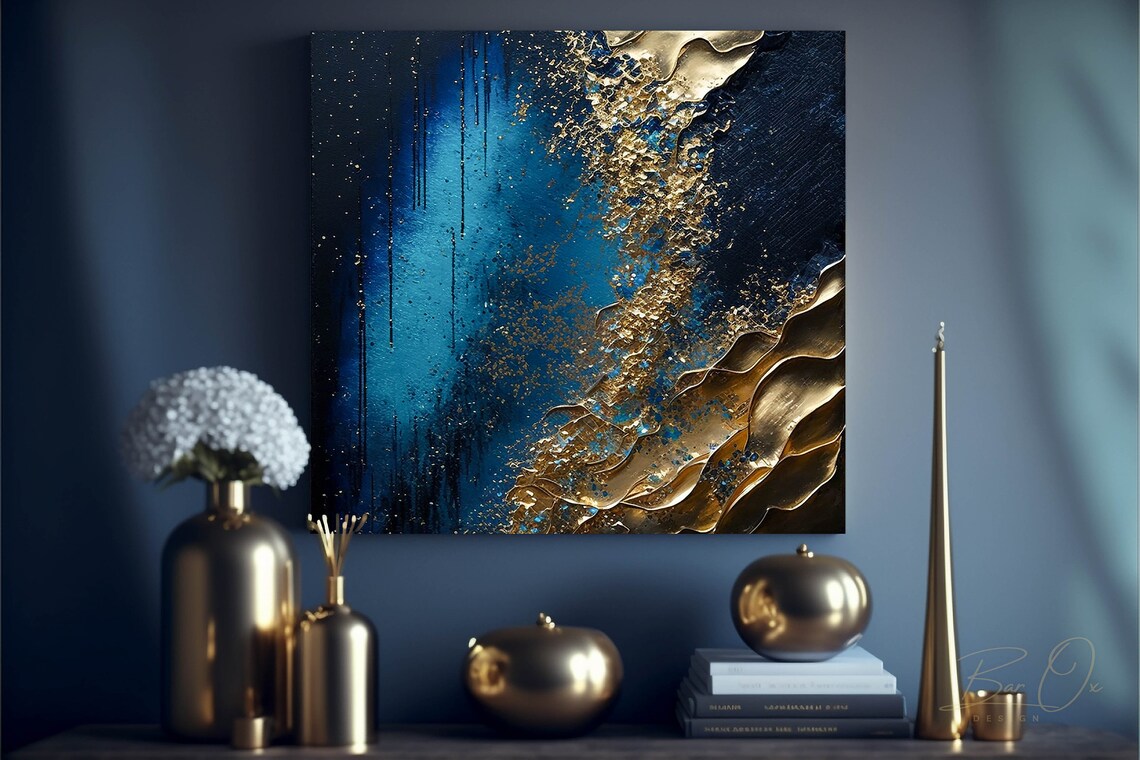 Square Printable Wall Art Navy Blue Gold Marble Wall Art, Alcohol Ink