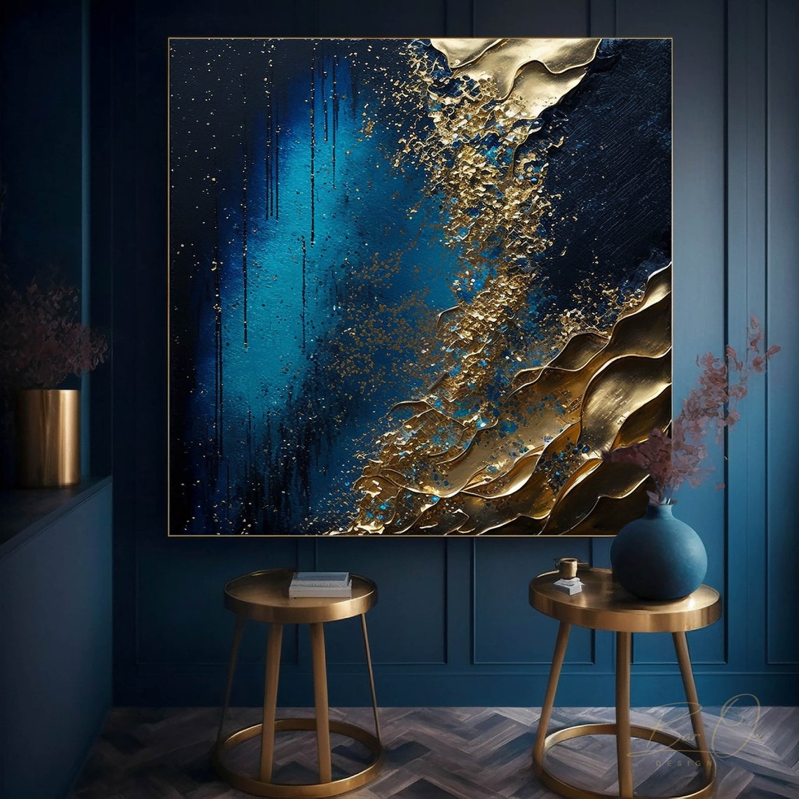 Square Printable Wall Art Navy Blue Gold Marble Wall Art, Alcohol Ink