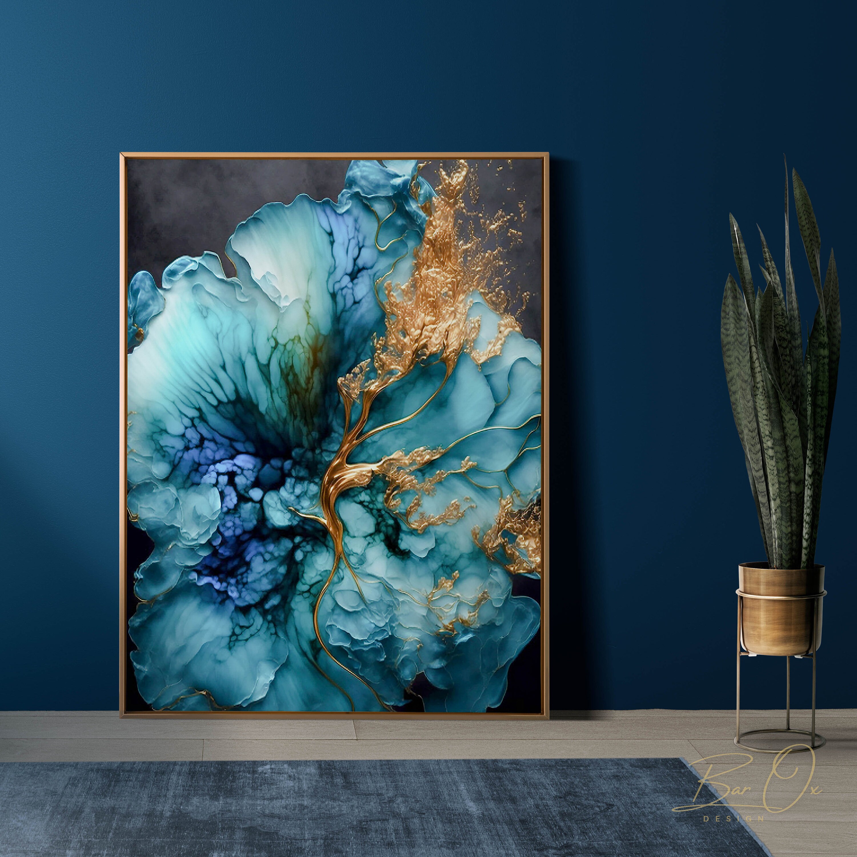 DIGITAL WALL ART Blue Floral Wall Art, Alcohol Painting Art, Blue