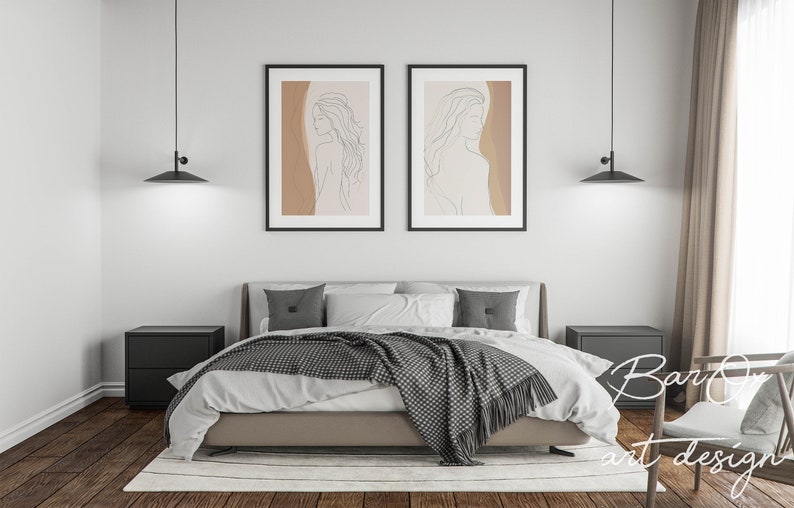 Woman Line Art Print Set, Two Piece Wall Art, Boho Female Drawing Poster, Body Single Line Art, Boho Line Art Decal, Modern Gallery Wall Set image 8