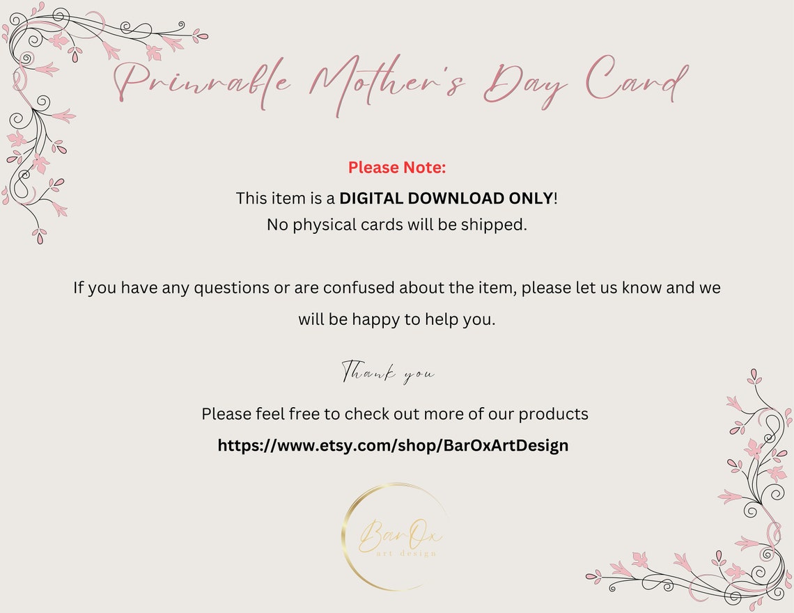 Mothers Day Gift Printable Card E Cards for Mothers Day Etsy