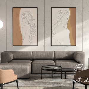 Woman Line Art Print Set, Two Piece Wall Art, Boho Female Drawing Poster, Body Single Line Art, Boho Line Art Decal, Modern Gallery Wall Set image 4