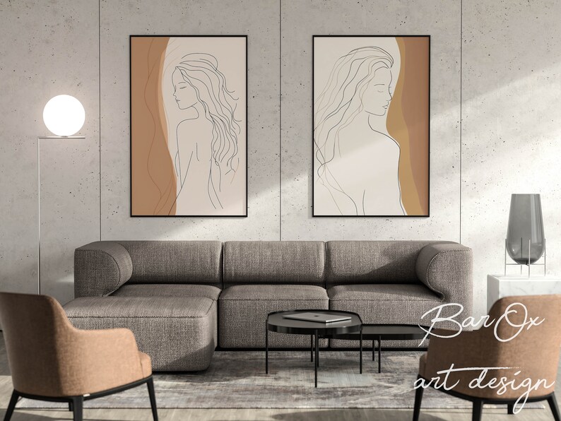 Woman Line Art Print Set, Two Piece Wall Art, Boho Female Drawing Poster, Body Single Line Art, Boho Line Art Decal, Modern Gallery Wall Set image 4