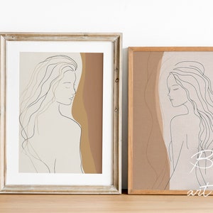 Woman Line Art Print Set, Two Piece Wall Art, Boho Female Drawing Poster, Body Single Line Art, Boho Line Art Decal, Modern Gallery Wall Set image 1