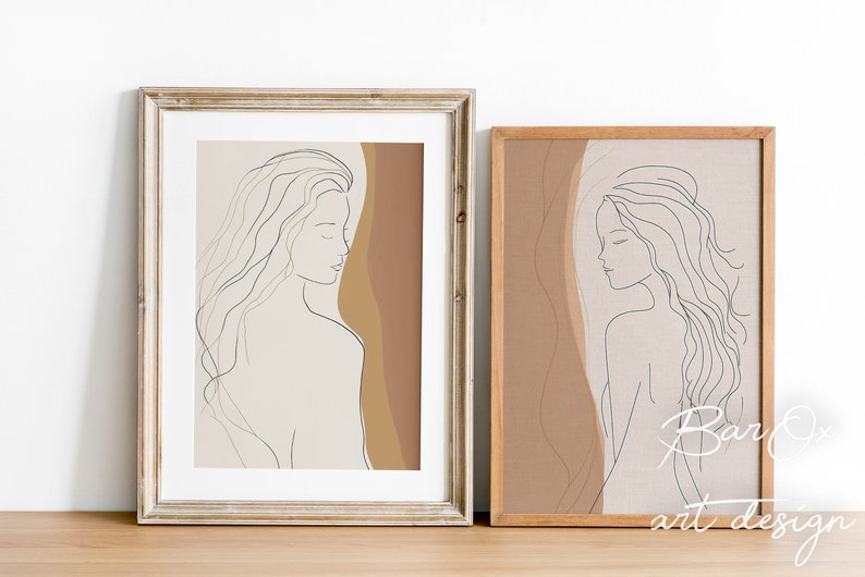 Woman Line Art Print Set, Two Piece Wall Art, Boho Female Drawing Poster, Body Single Line Art, Boho Line Art Decal, Modern Gallery Wall Set image 1