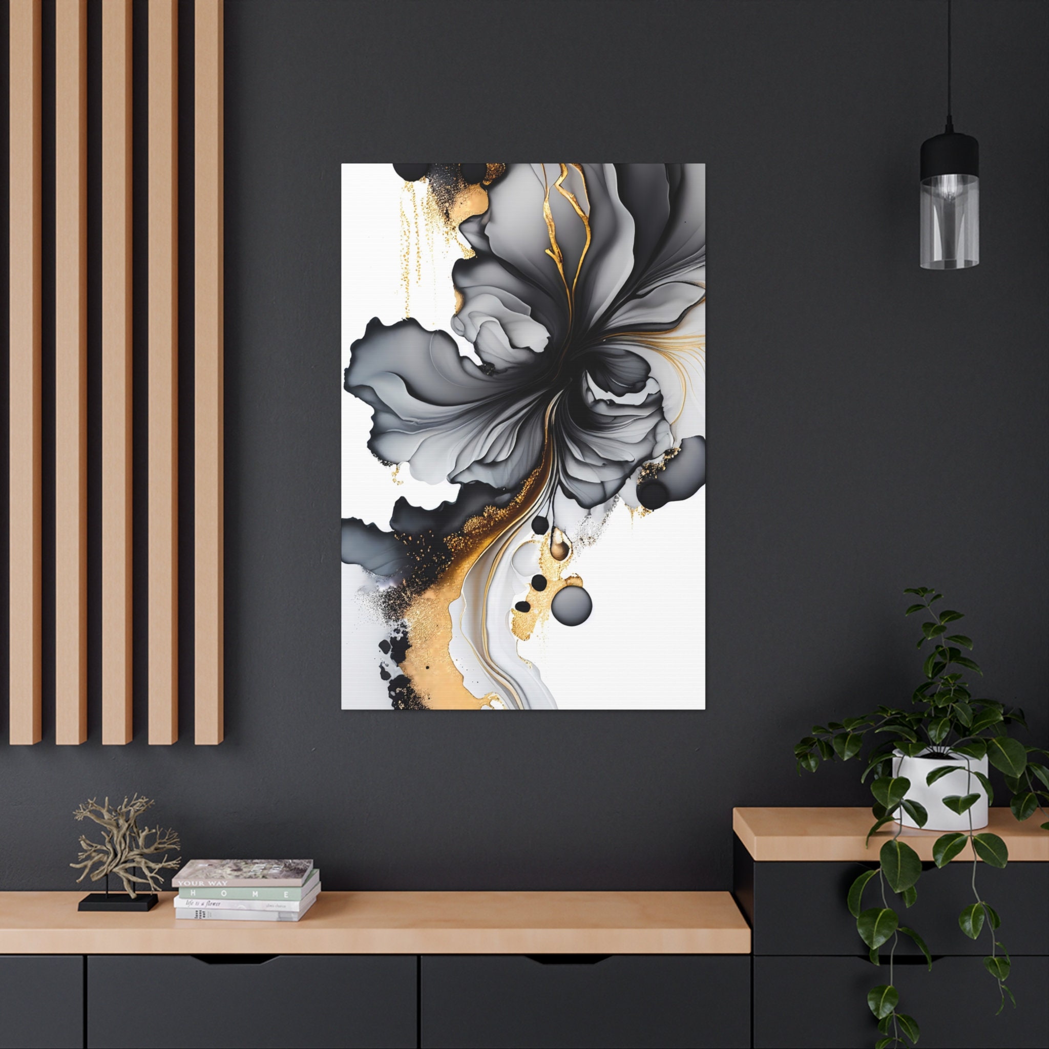Black Gold Floral Wall Art, Luxury Abstract Canvas Print, Modern Flower
