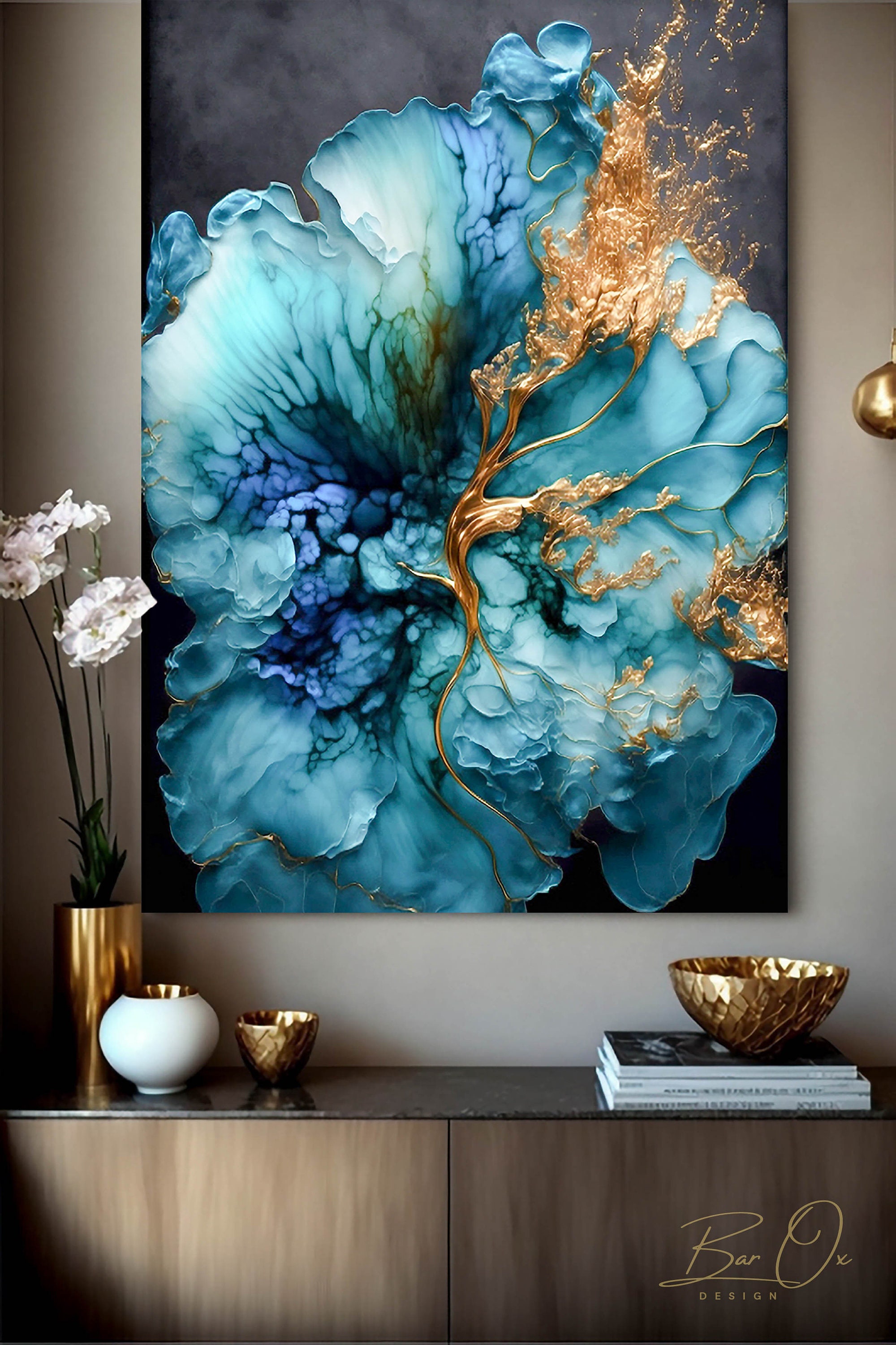 DIGITAL WALL ART Blue Floral Wall Art, Alcohol Painting Art, Blue