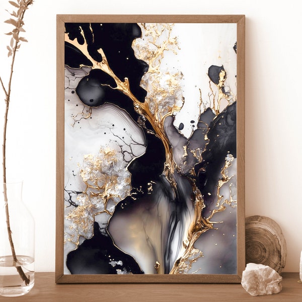 Luxury Black Gold Fluid Art, Alcohol Ink Art Painting for Sale, Best Selling Alcohol Ink Painting, Liquid Art, Pour Painting, Download File