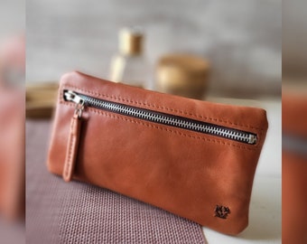 Light Brown Leather case, Pencil Pouch, Pen Pouch holder, soft leather case, genuine leather, small zipper pouch. ALBIANO