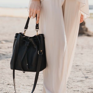 Dark brown leather bucket bag, handbag, cross body bag, leather shoulder bag, leather pouch, handmade bucket bag, soft leather. ELETTRA image 1