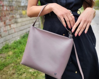 Sac à bandoulière et mini portefeuille en cuir taupe, sac à main en cuir, sac fait main, sac en cuir, cadeau pour femme. ISABEL