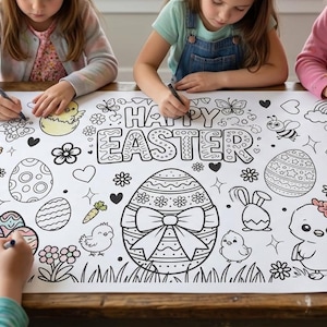 Easter Table Coloring Poster | Bunny, Eggs, Chicks Craft Template (Digital Download 150x60cm)
