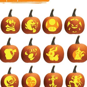Könnte beinhalten: Orange Kürbisse mit verschiedenen Charakter-Schablonen. Die Schablonen zeigen einen Pilz, einen Geist und andere Cartoon-Figuren. Der Text "15 character pumpkin stencils" steht oben. Der Text "Digital print instant download" steht unten.