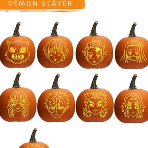 May include: Nine orange pumpkins, each featuring a distinct yellow line-art illustration of a Demon Slayer character face. The image includes the text 9 CHARECTER DEMON SLAYER and Digital print instant dowload on orange rectangular backgrounds.