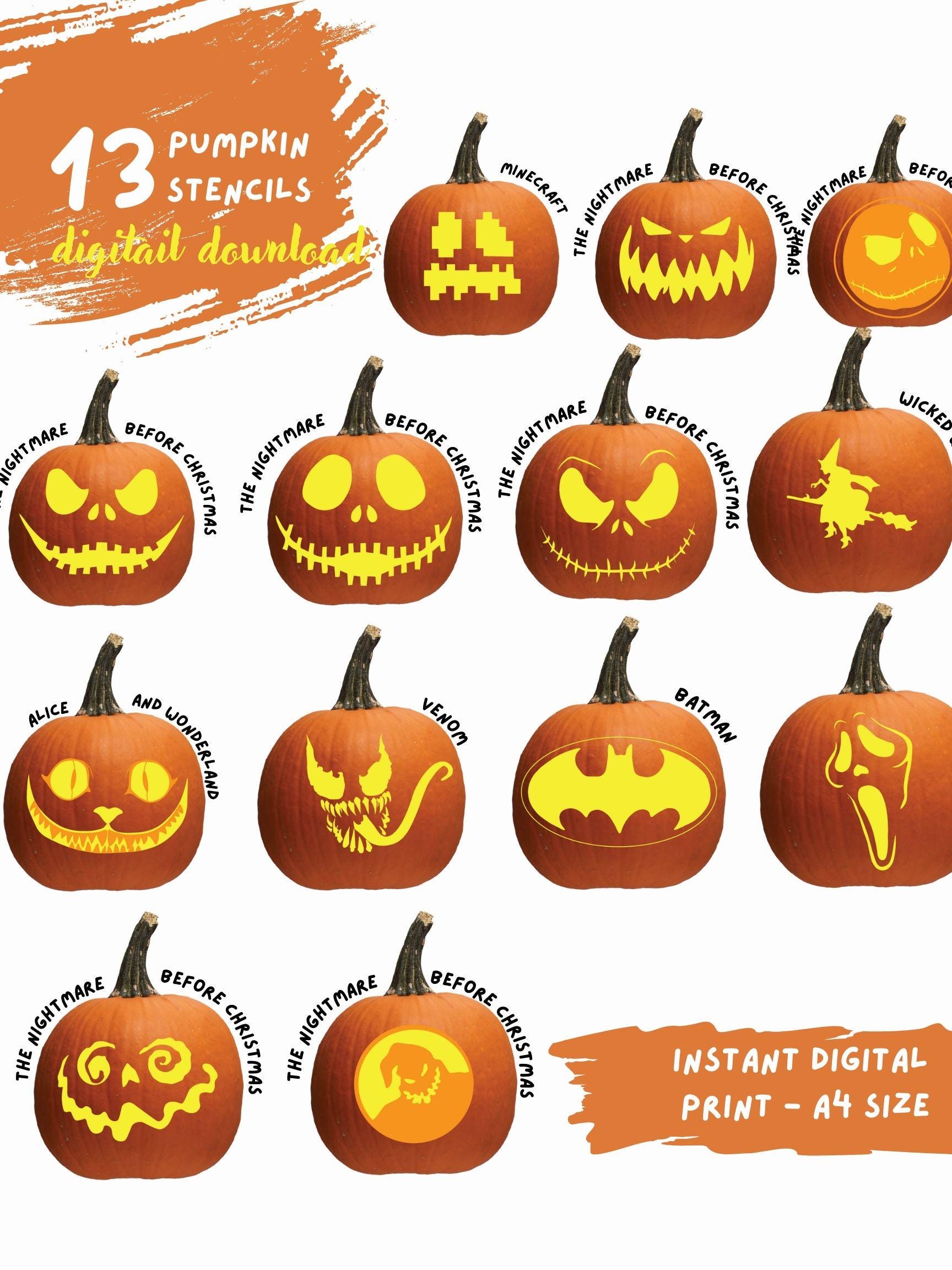 ハロウィンかぼちゃ彫刻ステンシル13種類 – 即時デジタルダウンロード | ナイトメアー・ビフォア・クリスマス、バットマン、ヴェノム、マインクラフト  - Etsy 日本, image size:1728x2304