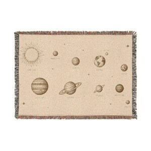 May include: A rectangular woven throw blanket in a light beige color featuring a detailed brown illustration of the solar system. The design includes the Sun, Mercury, Venus, Earth, Mars, Jupiter, Saturn, Uranus, Neptune, and Pluto with labels.