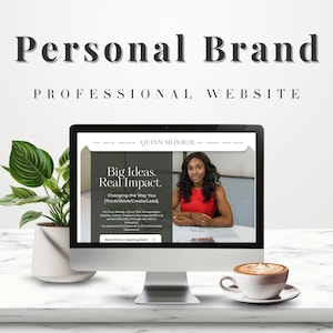 May include: A computer screen displaying a website for Quinn Monroe, a speaker, author, and investor. The website features a photo of Quinn Monroe and the text "Big Ideas. Real Impact. Changing the Way You [Think/Work/Create/Lead]."