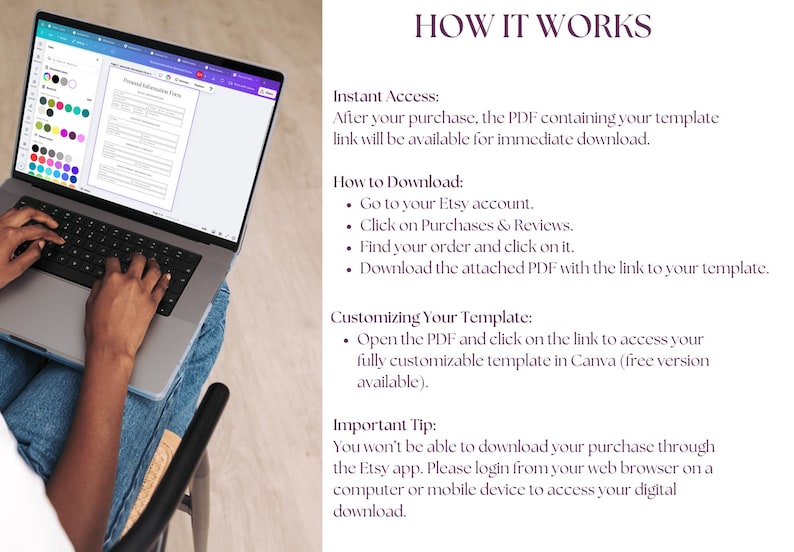May include: A laptop computer with a blank document open on the screen. The document has a title that says "Personal Information Form". The laptop is on a person's lap. The text on the right side of the image explains how to download and customize a template.