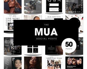 Pode incluir: Uma coleção de 50 modelos de postagens de mídia social para maquiadores. Os modelos apresentam designs em preto e branco com texto como "The MUA", "Social Posts", "50 Posts", "New Blog", "Live Now", "Get Ready to Feel Amazing", "Save the Date", "Meet the Team", "Behind the Lashes: Our Process", "Q&A", "Our Services", "Giveaway", e "50% Off".
