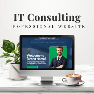 May include: A computer screen displaying a website for an IT consulting company. The website features a welcome message, a call to action button, and a photo of a man in a suit. The text on the screen reads "Welcome to [Brand Name] Where innovation meets exceptional IT consulting. Get started."