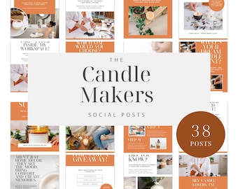 May include: A collage of social media posts for a candle making business called "The Candle Makers". The posts feature images of candles, candle making supplies, and text about the business. The text includes phrases like "The Inspiration Behind Our Scent Name Candle", "Inside My Workspace", "What's Your Dream Scent?", and "Hey Candle Lovers, I'm Alw".