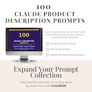 May include: A computer monitor displays "100 Claude Product Description Prompts" with a purple and gold design. The image promotes customizable product descriptions for businesses, brands, and digital products, with the text "Expand Your Prompt Collection."