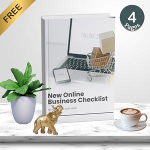 May include: A white ebook cover with a laptop, shopping cart, and boxes on the screen. The title is "New Online Business Checklist" with the text "By Your Name Goes Here".