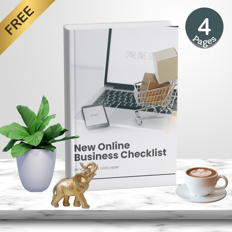 May include: A white ebook cover with a laptop, shopping cart, and boxes on the screen. The title is "New Online Business Checklist" with the text "By Your Name Goes Here".