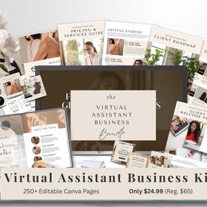 May include: A digital marketing kit for virtual assistants, featuring a computer screen with the text "the virtual assistant business bundle", and a variety of marketing materials, including a welcome pack, client roadmap, pricing guide, and offers. The kit includes 250+ editable Canva pages.