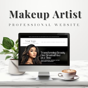Könnte beinhalten: Ein Computerbildschirm zeigt eine Website für eine Visagistin. Die Website zeigt ein Foto einer Frau mit Make-up und den Text "Transforming Beauty. One Brushstroke at a Time. Your Personal Makeup Artist for Every Occasion."