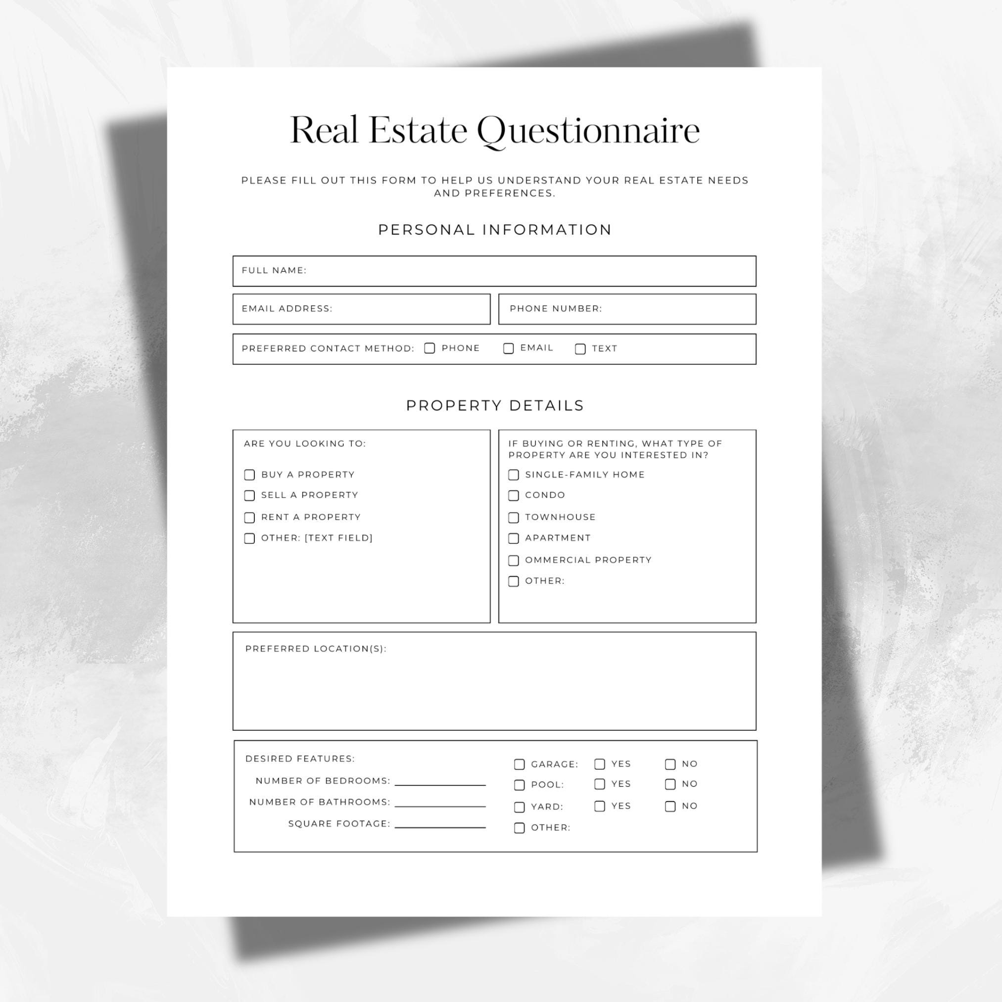 Real Estate Questionnaire Form Template | Editable Business Agreement ...