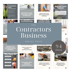 May include: A collage of 94 social media posts for contractors, featuring tips and advice on various aspects of the business, such as customer service, project management, and home maintenance. The posts are designed to be informative and engaging for potential clients.
