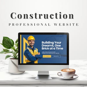 May include: A computer screen displaying a website for a construction company. The website features a photo of a construction worker wearing a yellow hard hat and a blue and yellow vest. The text on the website reads "Building Your Dreams, One Brick at a Time." There are two buttons on the website that say "Get a Quote" and "Projects".