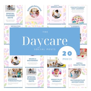 Könnte beinhalten: Eine Sammlung von 20 Social-Media-Beiträgen für eine Kindertagesstätte, die verschiedene Themen wie besondere Tage, spielerisches Lernen und Outdoor-Abenteuer behandelt. Die Beiträge haben ein Pastellfarbschema mit Bildern von Kindern und Personal.