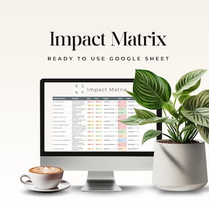 May include: A computer screen displaying a Google Sheet titled "Impact Matrix" with a list of project ideas and their impact, effort, category, and priority. The sheet is color-coded to indicate the level of impact and effort for each project.