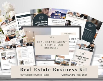May include: A digital marketing kit for real estate agents, featuring 90+ editable Canva pages. The kit includes a variety of resources, such as a welcome guide, a real estate transaction guide, and a property management plan. The kit is available for $24.99.