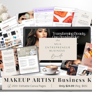 May include: A digital marketing kit for makeup artists, featuring over 200 editable Canva pages. The kit includes a laptop with a screen displaying the text "Transforming Beauty One Brushstroke" and "the MUA ENTREPRENEUR BUSINESS Bundle". The kit also includes a variety of marketing materials, such as a loyalty card, a makeup artist contract, and a "Grand Vision" document.