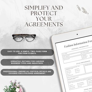 May include: A digital tablet displaying a fashion information form with sections for personal information, style preferences, and sizing. The form includes fields for full name, email address, date of birth, phone number, gender, how would you describe your personal style, what are your favorite colors to wear, what type of clothing do you prefer, and sizing and fit.