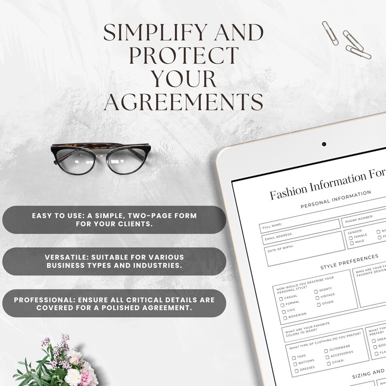May include: A digital tablet displaying a fashion information form with sections for personal information, style preferences, and sizing. The form includes fields for full name, email address, date of birth, phone number, gender, how would you describe your personal style, what are your favorite colors to wear, what type of clothing do you prefer, and sizing and fit.